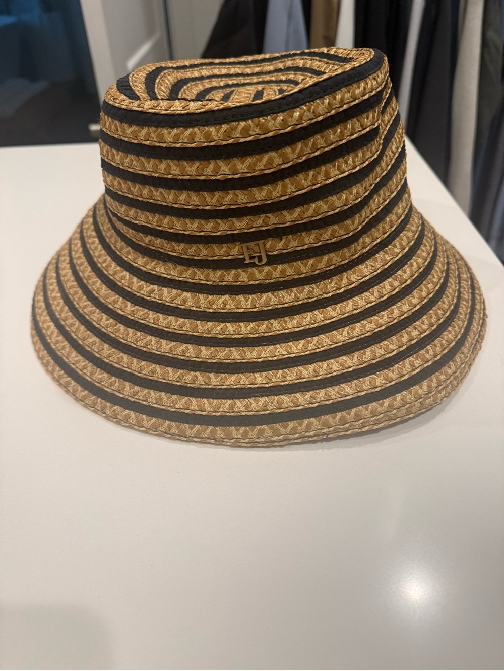Eric Javits Woven striped Straw Bucket Hat with Black/tan Stripe Detail